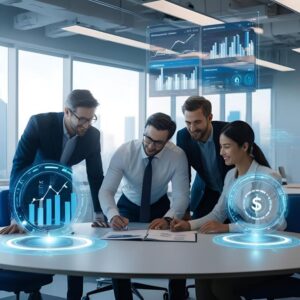 Modern meeting room with large windows and a backdrop of wind turbines symbolizing wind renewable energy discussion