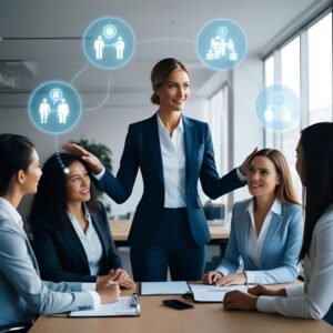 Modern meeting room with large windows and a backdrop of wind turbines symbolizing wind renewable energy discussion