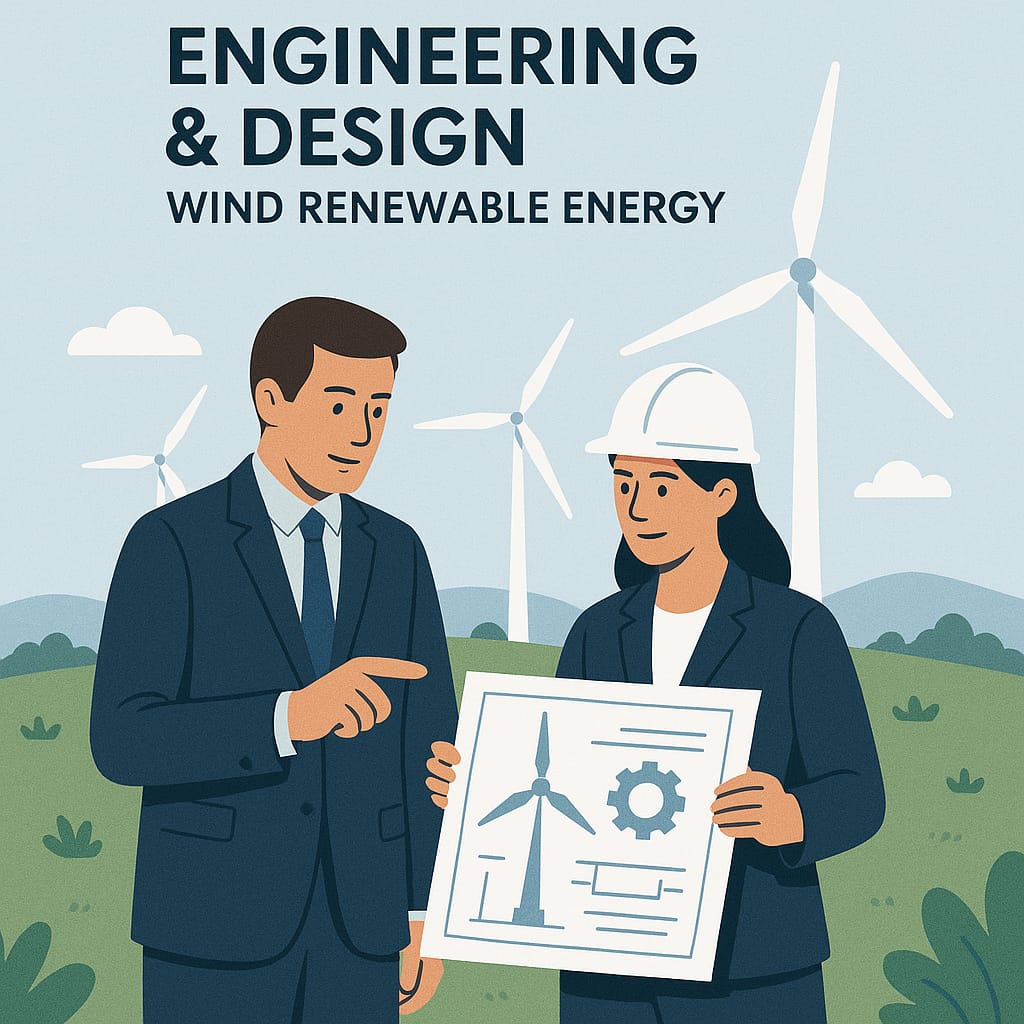 Wind turbines lined up along a coastal area producing green energy