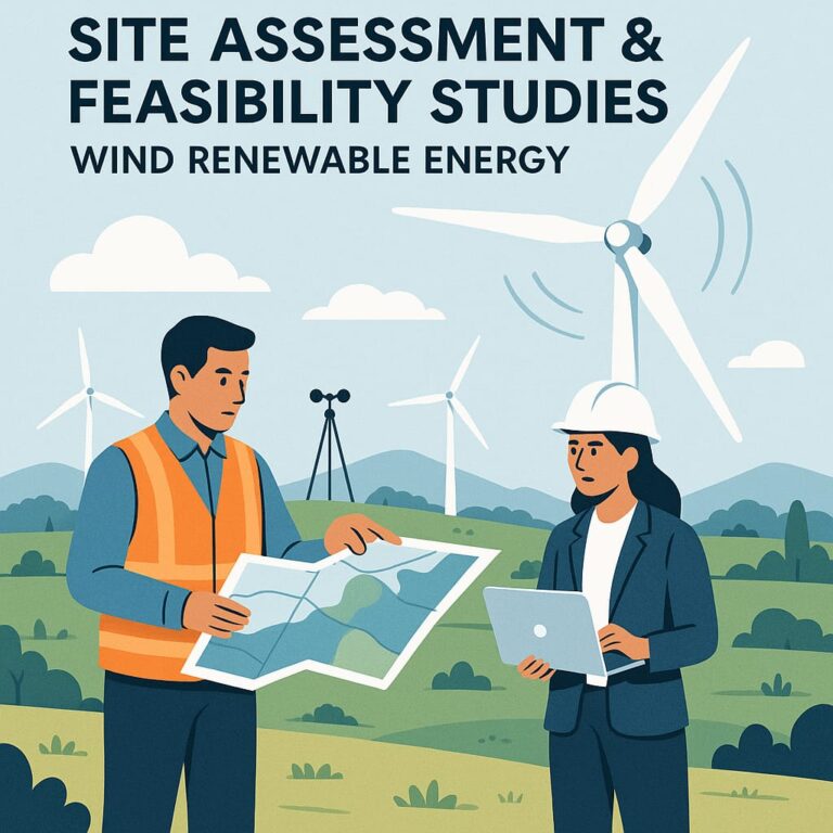 Modern wind energy facility with turbines and service vehicles onsite