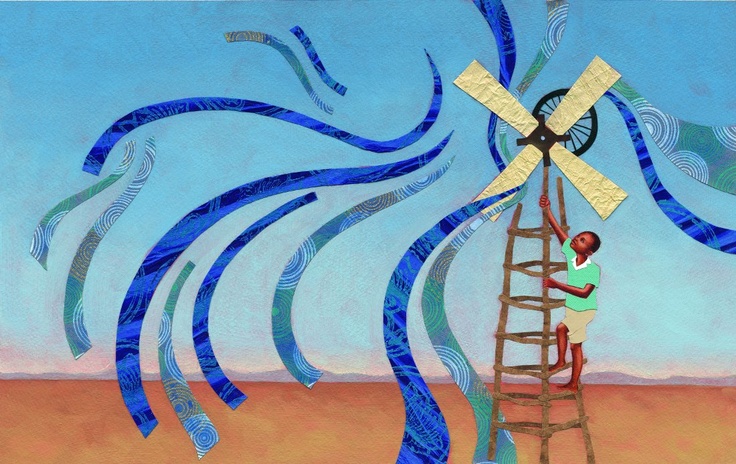 Large windmill turbine spinning in a green field under blue sky, symbolizing sustainable wind renewable energy on the home page