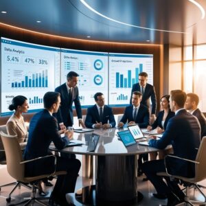 Modern meeting room with large windows and a backdrop of wind turbines symbolizing wind renewable energy discussion